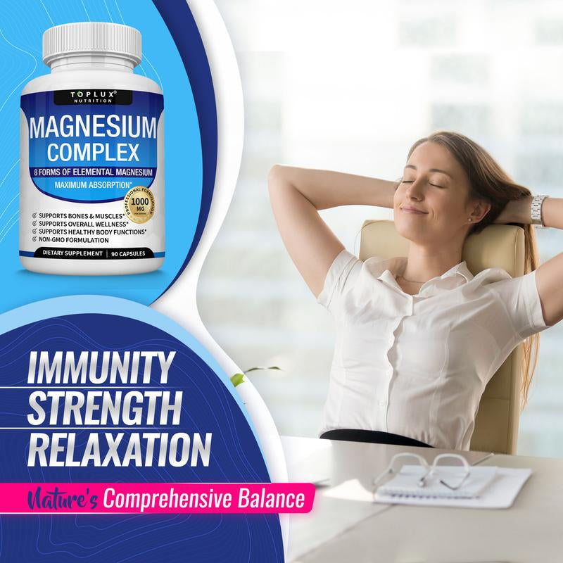 Toplux Magnesium Complex - 8 Essential Magnesium Forms for Enhanced Sleep and Bone Health, 1000mg Capsules