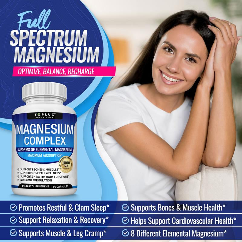 Toplux Magnesium Complex - 8 Essential Magnesium Forms for Enhanced Sleep and Bone Health, 1000mg Capsules
