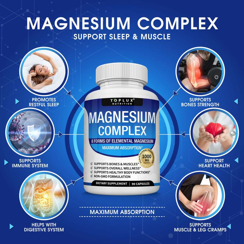 Toplux Magnesium Complex - 8 Essential Magnesium Forms for Enhanced Sleep and Bone Health, 1000mg Capsules