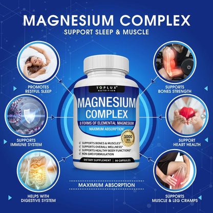Toplux Magnesium Complex - 8 Essential Magnesium Forms for Enhanced Sleep and Bone Health, 1000mg Capsules