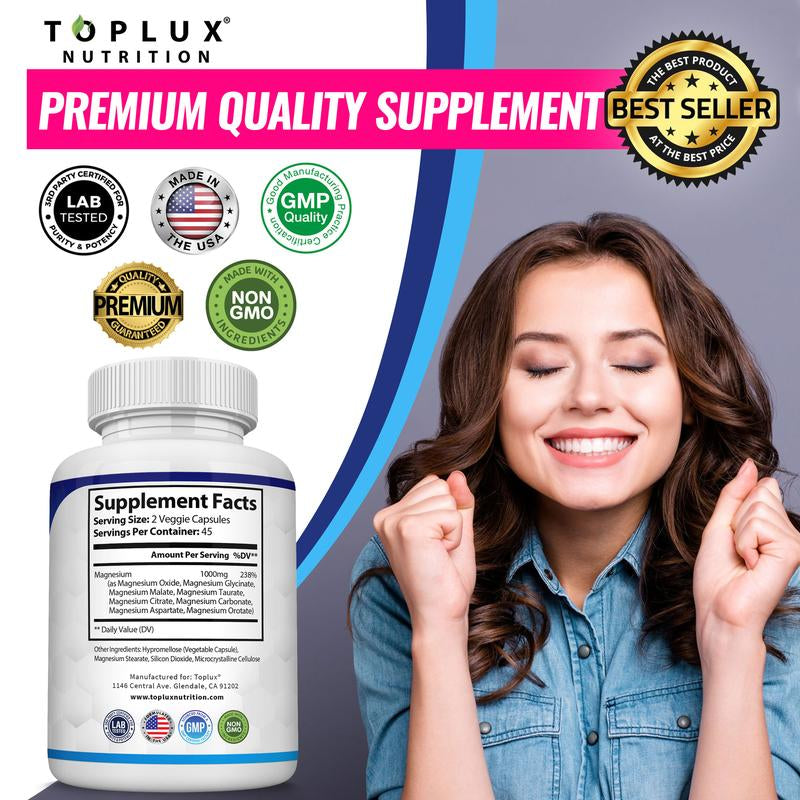 Toplux Magnesium Complex - 8 Essential Magnesium Forms for Enhanced Sleep and Bone Health, 1000mg Capsules