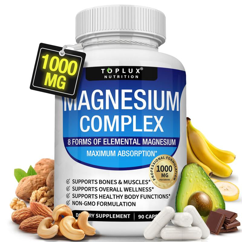 Toplux Magnesium Complex - 8 Essential Magnesium Forms for Enhanced Sleep and Bone Health, 1000mg Capsules